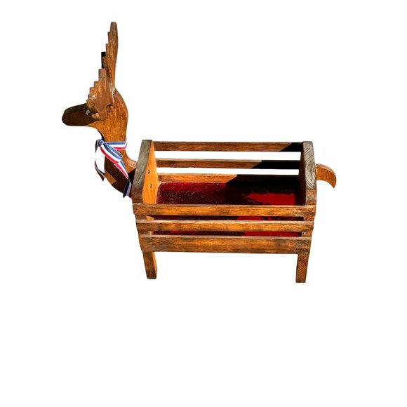 Vintage Wooden Reindeer Box Basket Planter Rudolph With Red Lining - Picture 1 of 7